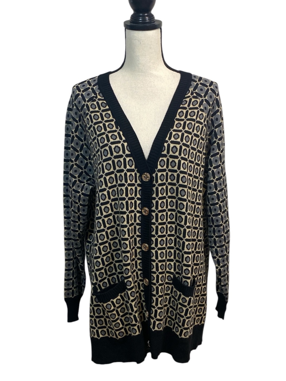 C Wonder Geometric Print Cardigan Sweater Black Tan Gray 1X